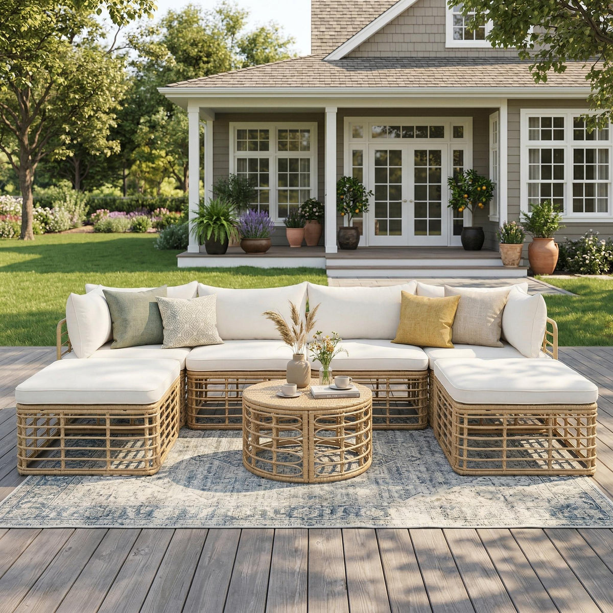 7-Piece Outdoor Rattan Sectional Sofa Set – Beig