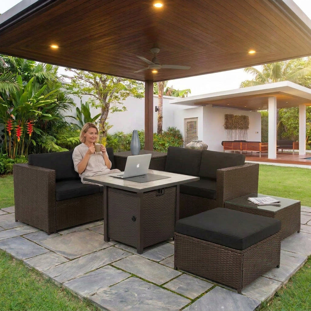 5-Piece Outdoor Wicker Conversation Set with 30-Inch Propane Fire Pit Table