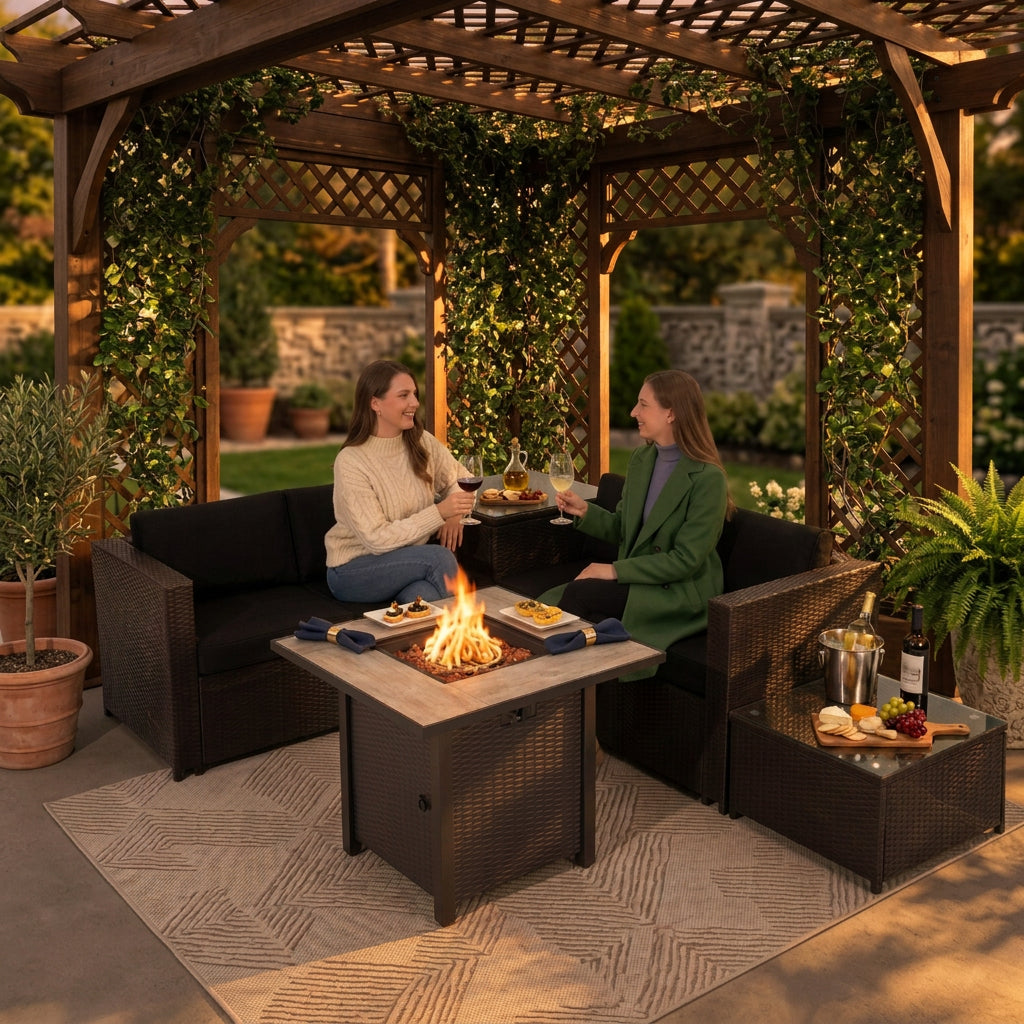 5-Piece Outdoor Wicker Conversation Set with 30-Inch Propane Fire Pit Table