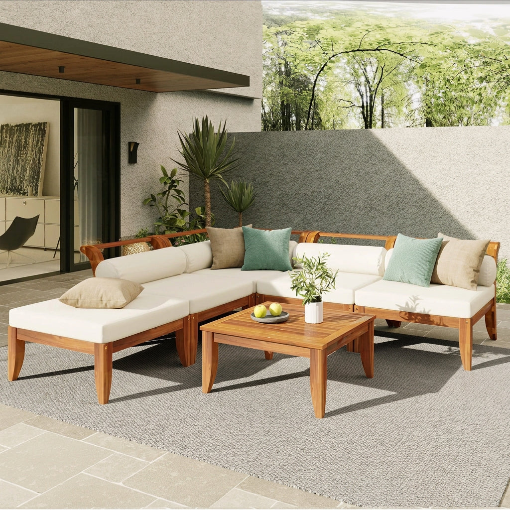 6-Piece Teak-Finish Acacia Wood Outdoor Modular Sectional with Beige Cushions and Daybed