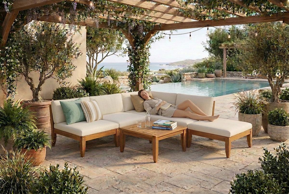 6-Piece Teak-Finish Acacia Wood Outdoor Modular Sectional with Beige Cushions and Daybed