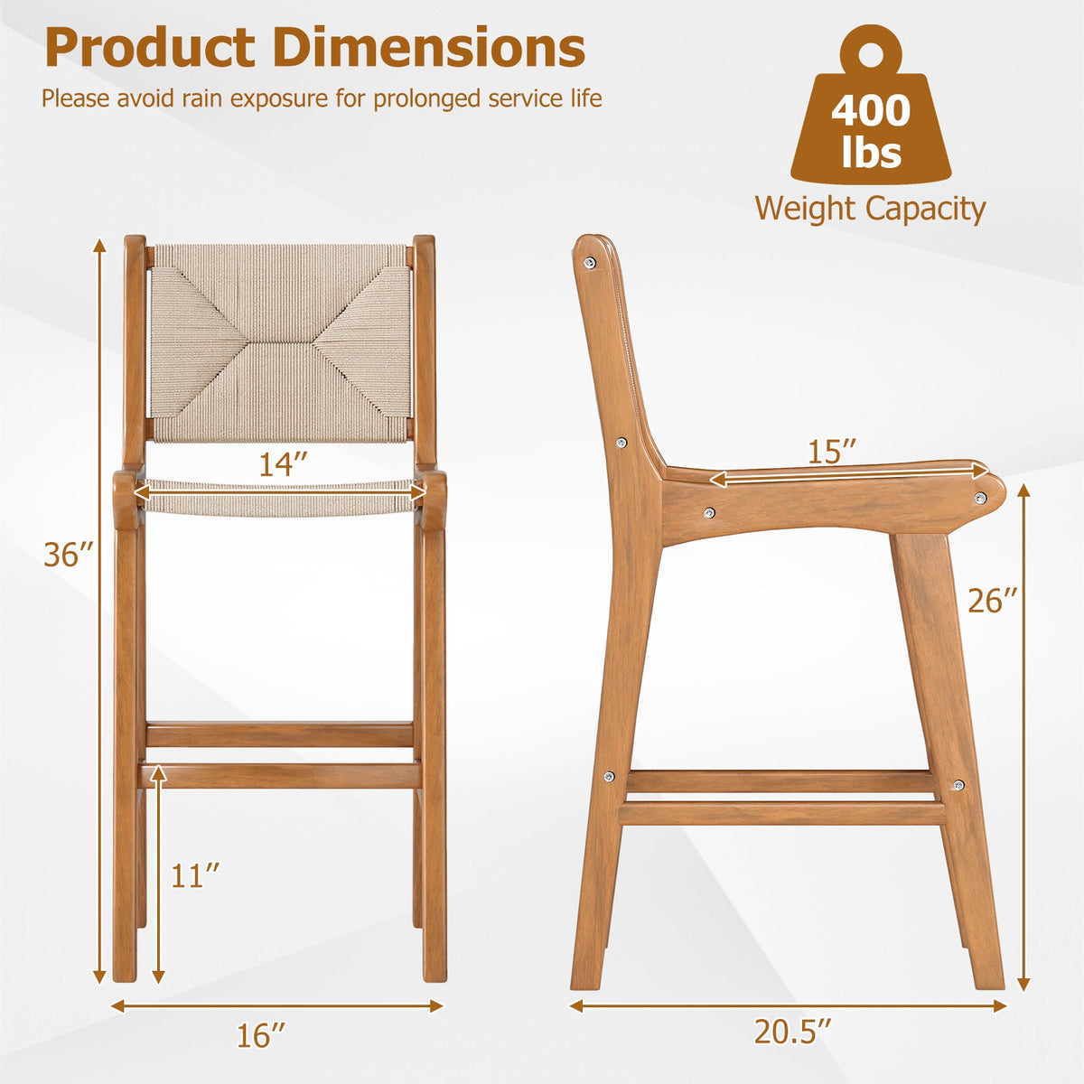 Set of 4 Teak Wood Outdoor Counter-Height Bar Stools with Woven Paper Rope Seats