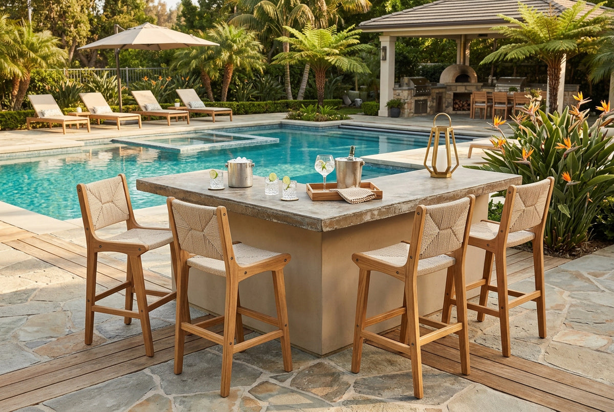 Set of 4 Teak Wood Outdoor Counter-Height Bar Stools with Woven Paper Rope Seats