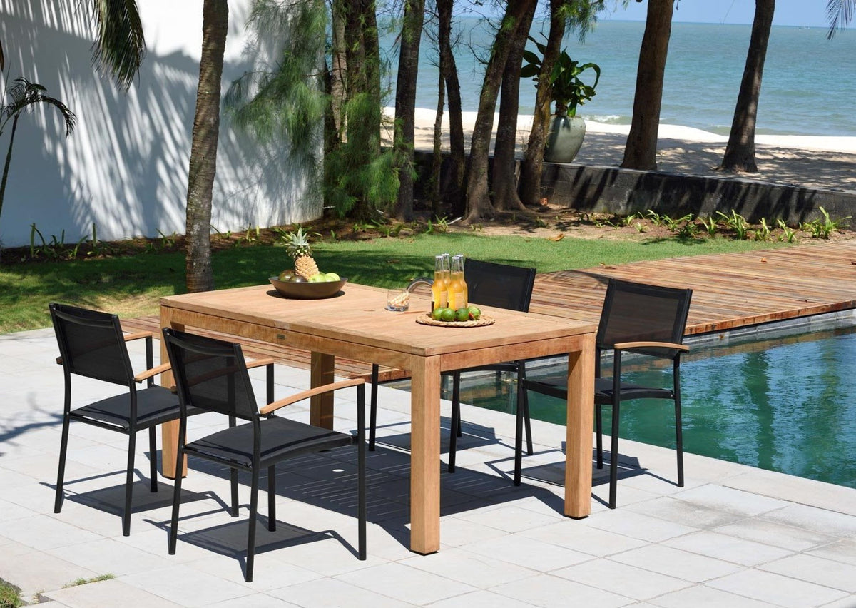 Rinjani Rectangular Teak Dining Table with 4 Vera Stacking Armchairs