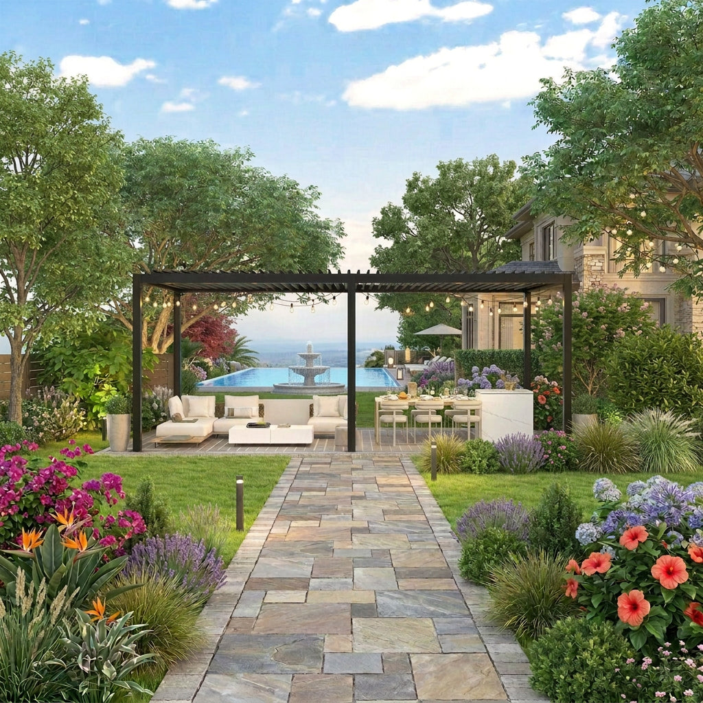 Black Steel Louvered Pergola